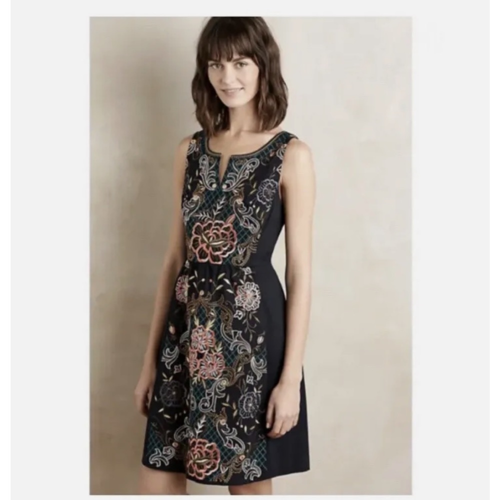 Anthropologie Moulinette Soeurs Black Floral Embroidered PERENNIAL Dress